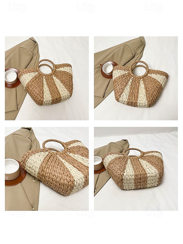 Sac de plage élégant en paille tressée pour femme avec poignées circulaires, grande capacité, design bohème écologique, parfait pour l'été, les vacances et les excursions d'une journée de 2025 ? $26.99 –P7