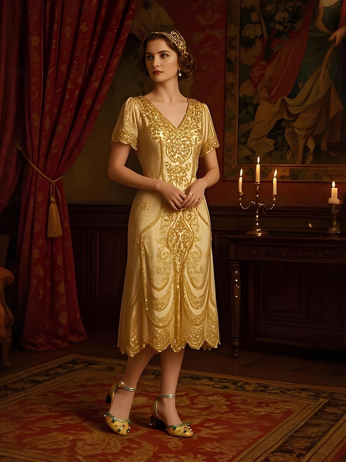 Tacones de bloque bordados barrocos de mujer estilo real dorado inspirado en el Gatsby de los años 1920 con adornos de piedras preciosas para ocasiones formales escénicas y de vestuario 2026 - $129.99 –P1