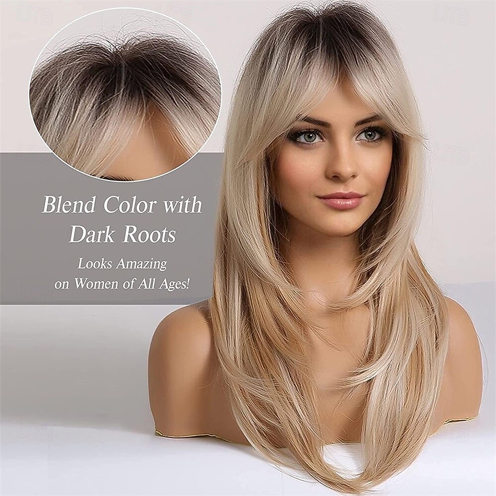 Perruque Synthétique Longue Blonde Doré - Racine Foncée Avec Frange - Taille Bonnet Moyen +4