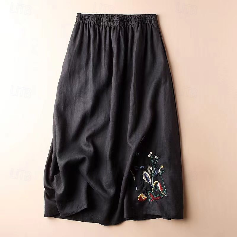 Femmes Jupe Évasé Basique Occasionnel Maxi Taille Basse Jupes Fleuri Broderie Micro-Élastique Vacances Rue Noir Amande Violet Vert Été Coton de 2025 ? $16.99 –P10