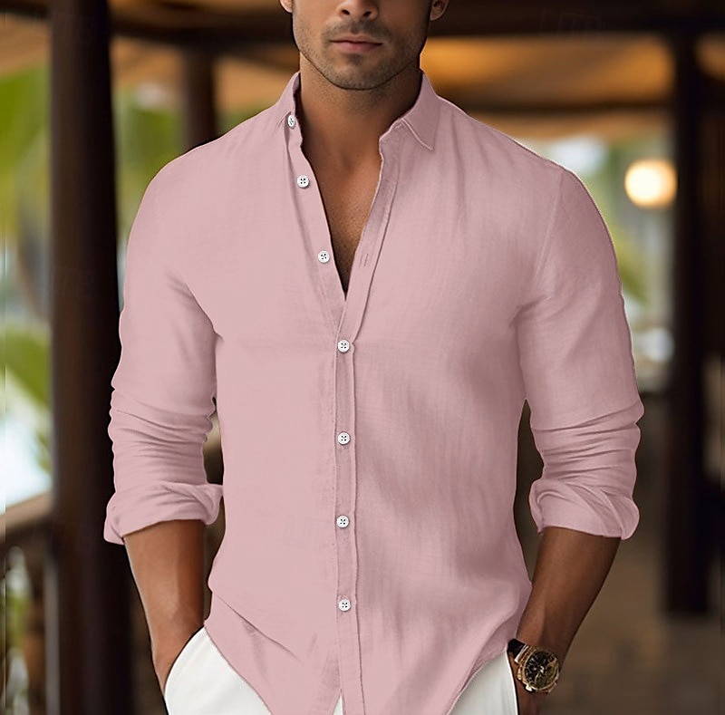 Herren Hemd Leinenhemd Sommerhemd Strandbekleidung Knopfhemd Einfach Urlaub Kreuzfahrt Weiß Rosa Blau Orange Langarm Revers Frühling & Sommer Bekleidung 2025 - $23.99 –P6