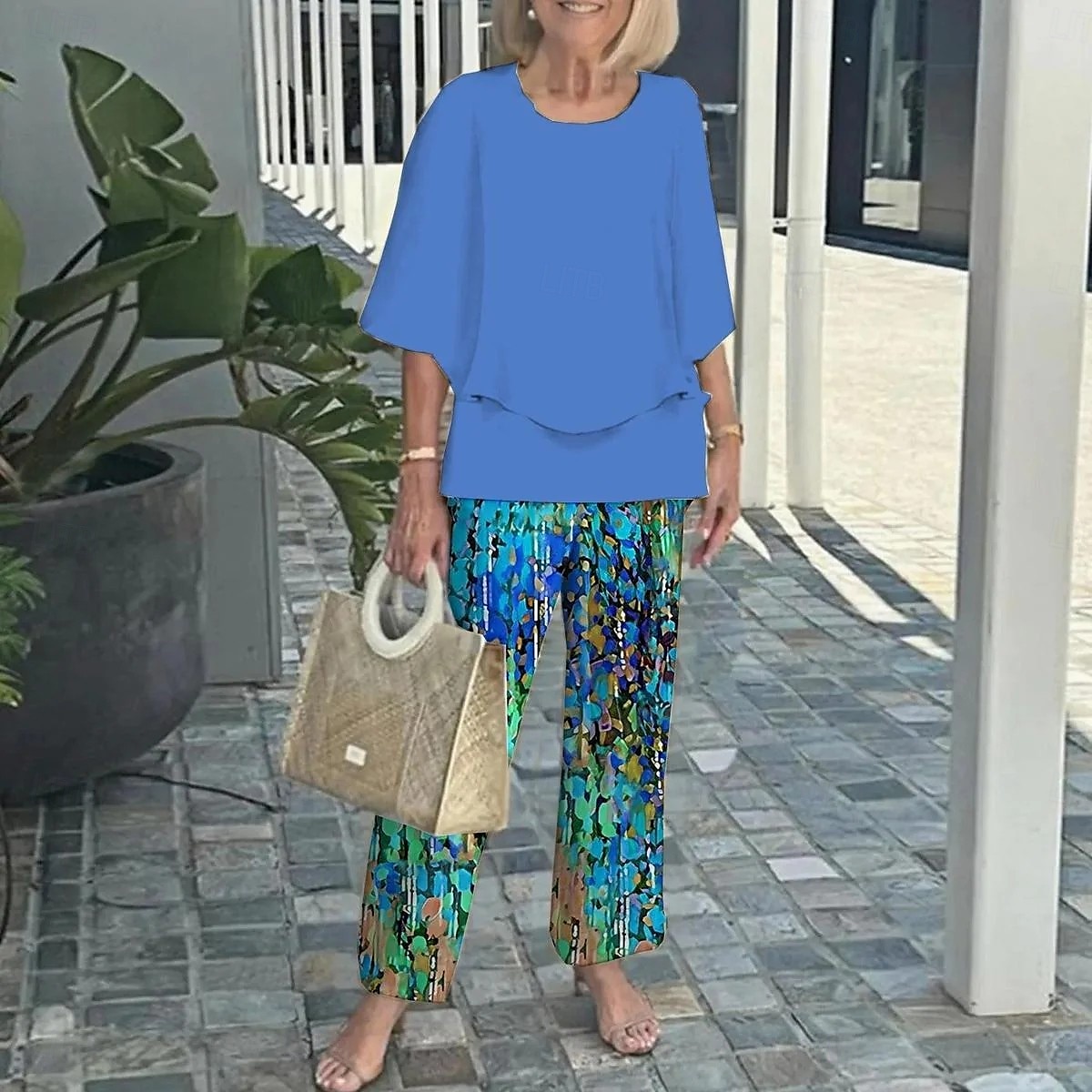 Damer 2 Deler Motemote Gateklesplagg Daglig Bukse Sett Halv Erme Crew Hals Blomster Grafisk Ferie Casual Daglig Rosa Blå Himmelblå Sommer Løs Fit 2025 - $41.99 –P5