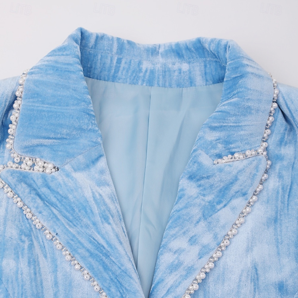 Blue Velvet Pantsuit Mother of the Bride Suit Elegant Minimalist Notched Lapel Floor Length Long Sleeve with Pearls 2025 - $129.99 –P16