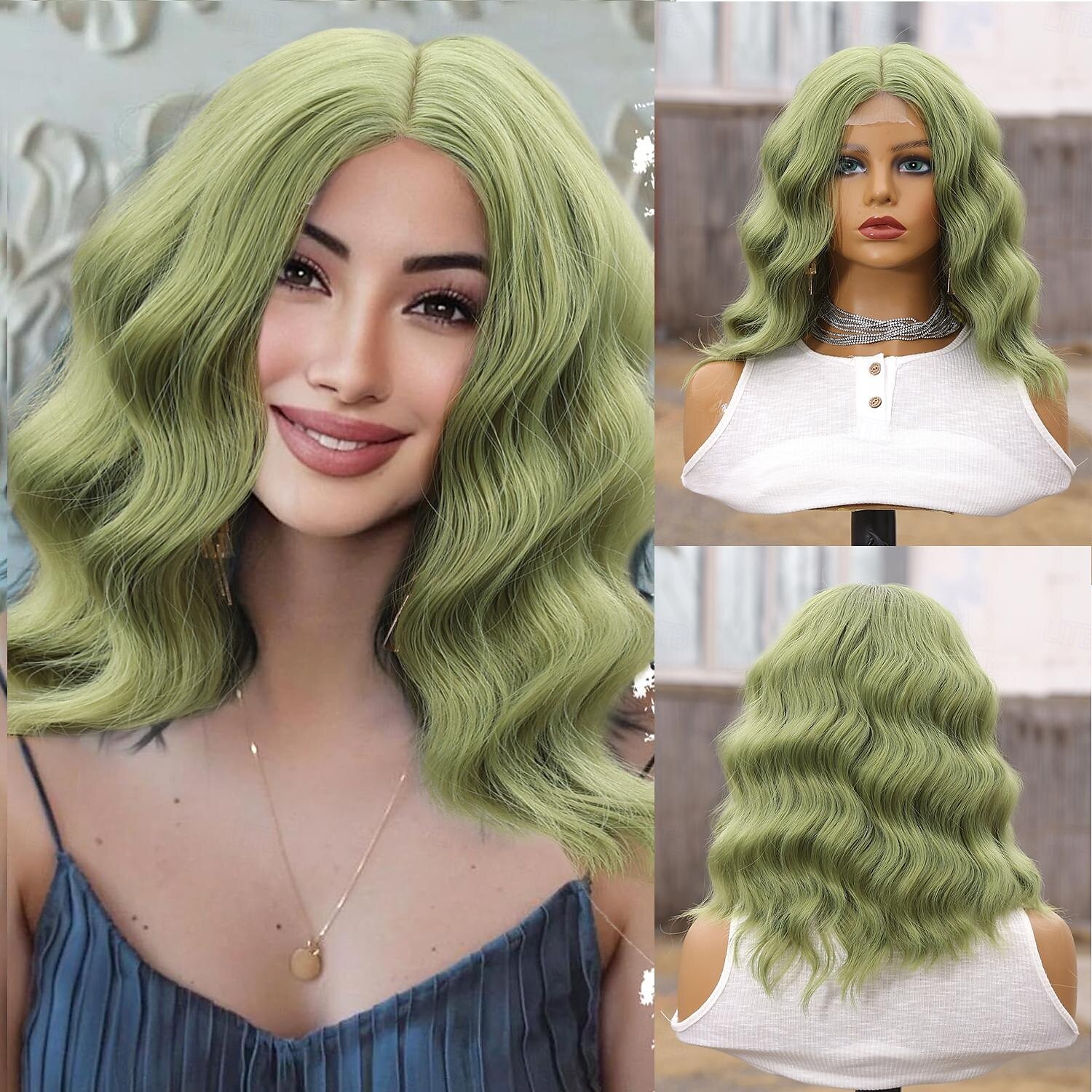Synthetic Lace Wig Curly Style 14 inch Green Middle Part U Part Wig Women's Wig Black / Green 2025 - $38.99 –P1
