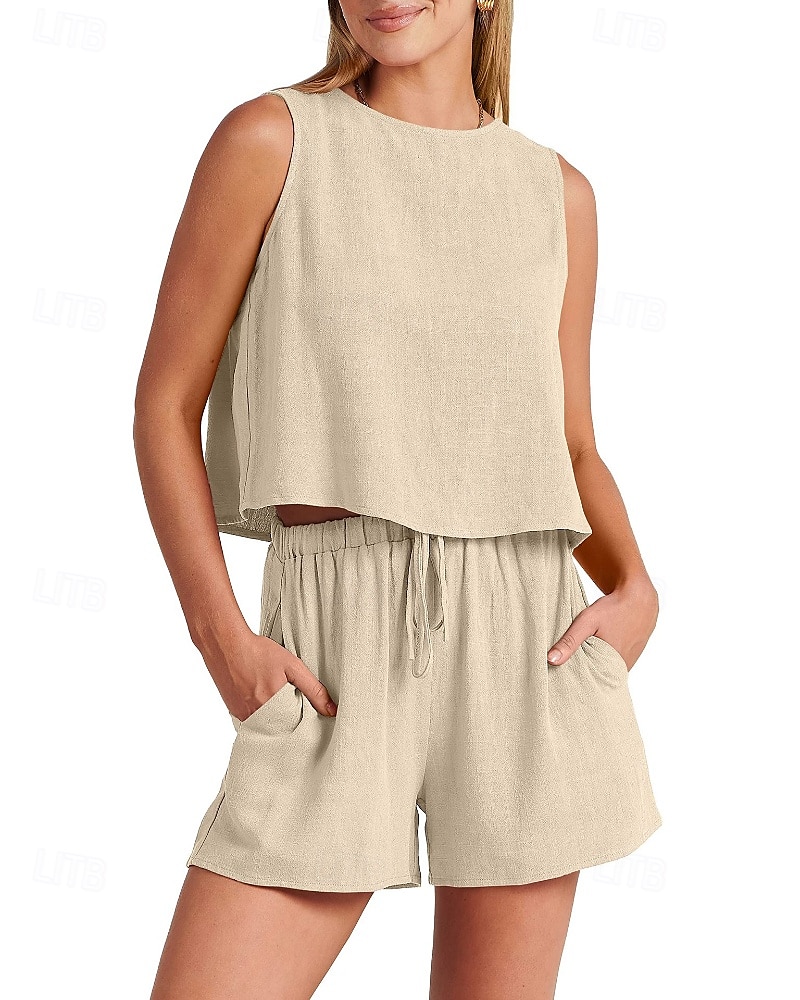 Damen Aktiv Basic Baumwoll-Leinen-Sets Bluse Shorts-Sets Ärmellos Rundhalsausschnitt Einfarbig Kordelzug Ausgehen Wochenende Schwarz Blau Orange Sommer Normale Passform 2025 - NZ $63.49 –P19