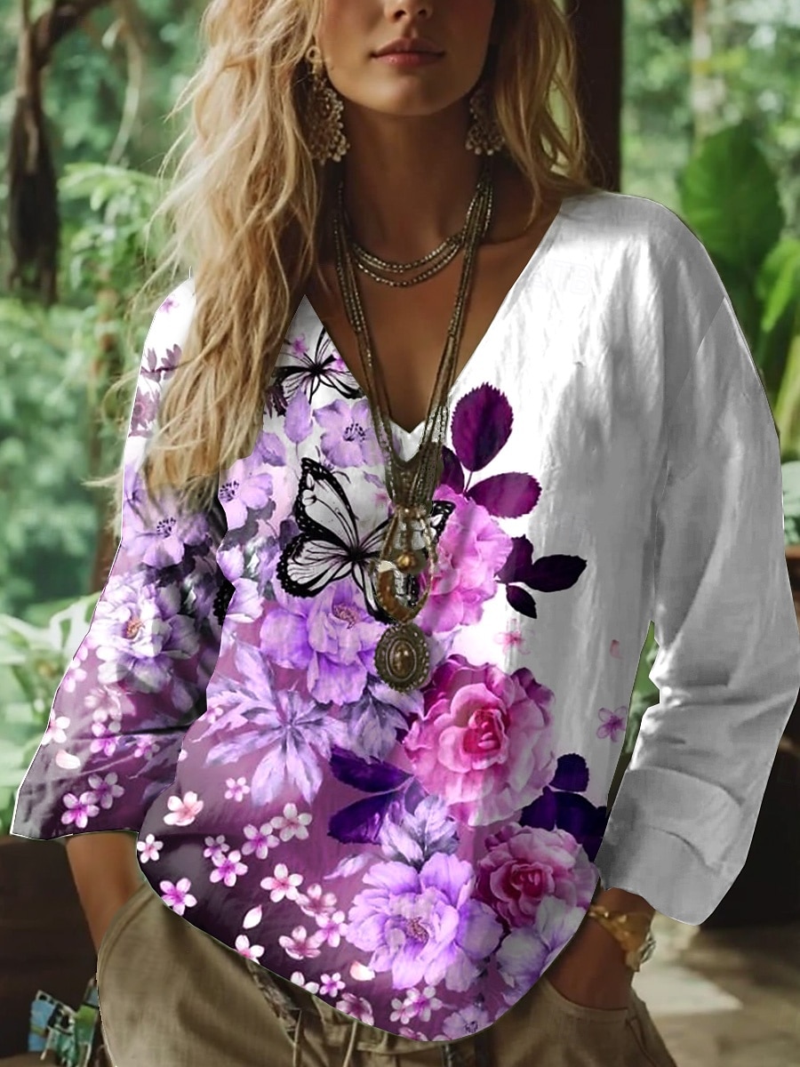Femmes Chemisier Fleuri Graphique Paisley Bohème ancien Tropical Manche 3/4 Col en V Hauts Réguliers Froncé Broderie Imprimé Rose Claire Bleu Violet Vert Été Printemps de 2025 ? $24.99 –P5