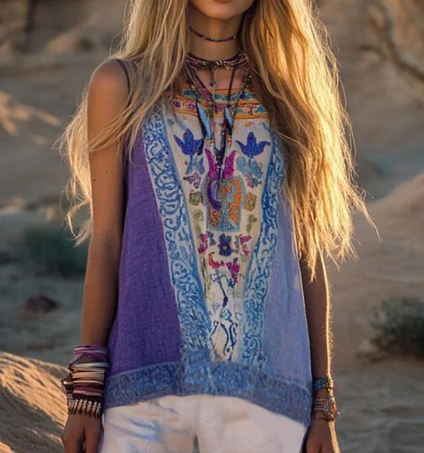 Women's Camisole Tank Top Linen Like Breathable Lightweight Floral Graphic Bohemia Daily Retro Vintage Sleeveless Crew Neck Regular Tops Vacation Wear Purple Summer Spring 2026 - $22.99 –P1