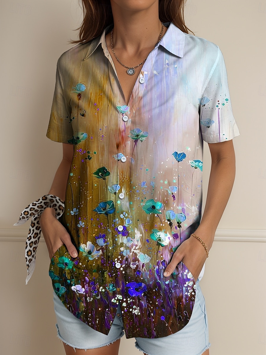 Femmes Chemise A Ombre Fleuri Graphique ancien Tropical Quotidien Sans manches Manche Courte Col de chemise Hauts Réguliers Quotidien Jaune Rouge Bleu Violet Été Printemps de 2025 ? $24.99 –P6