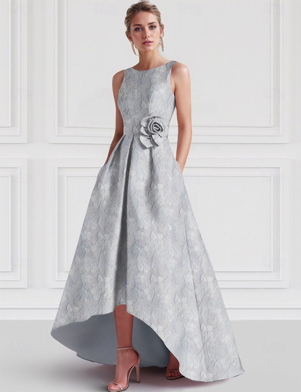 Jacquard A-vonalú Koktélruhák Elegáns Ruha Formális Esküvő Aszimmetrikus Ujjatlan Kerek Nyak Nylon Virágmintás Zsebes Esküvői Vendég Ruha 2025 - $142.99 –P1
