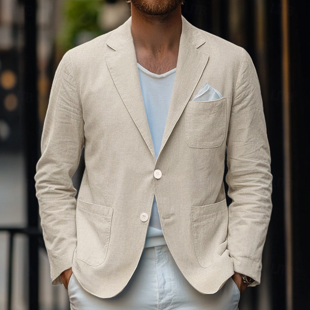 Men's Linen Blazer Sport Coat Casual Daily Spring & Summer Cotton And Linen Solid Color Comfy Single Breasted Two-button Blazer Beige Light Blue 2025 - $59.99 –P1