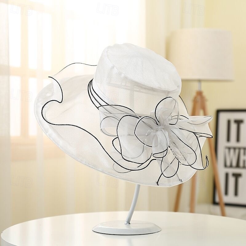 fascinatorhattar för kvinnor, bredbrättad organzahatt för kyrkteaparty, elegant vintage moderiktig mössa för bröllop, fascinator, cocktailparty, beige, fascinatorhattar för kvinnor te, hatt 2026 - $25.99 –P8