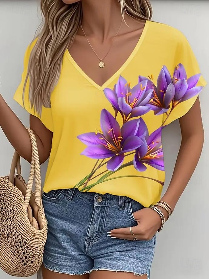 Femmes T-shirt A Ombre Graphique Plantes Mode Hawaïen Occasionnel manche longue Col en V Hauts Réguliers Quotidien Sortir Week-end Imprimé Jaune Rouge Été Printemps de 2025 ? $19.99 –P6