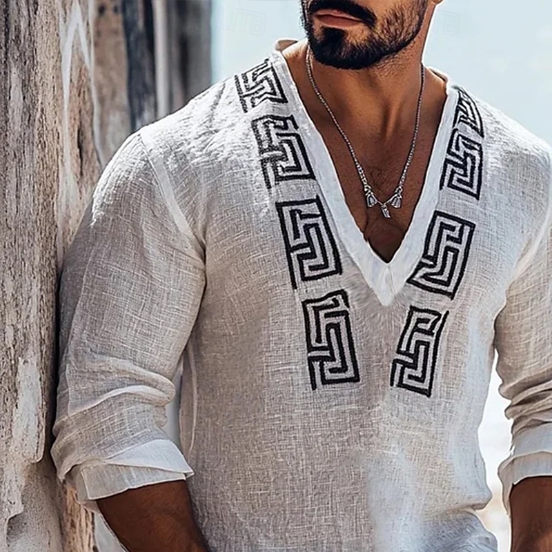 Herren Hemd Leinenhemd Popover-Hemd Sommerhemd Strandbekleidung Ethno-Hemd Geometrisch Urlaub Ferien Weiß Langarm V Ausschnitt Sommer Frühling Bekleidung 2025 - $23.99 –P2
