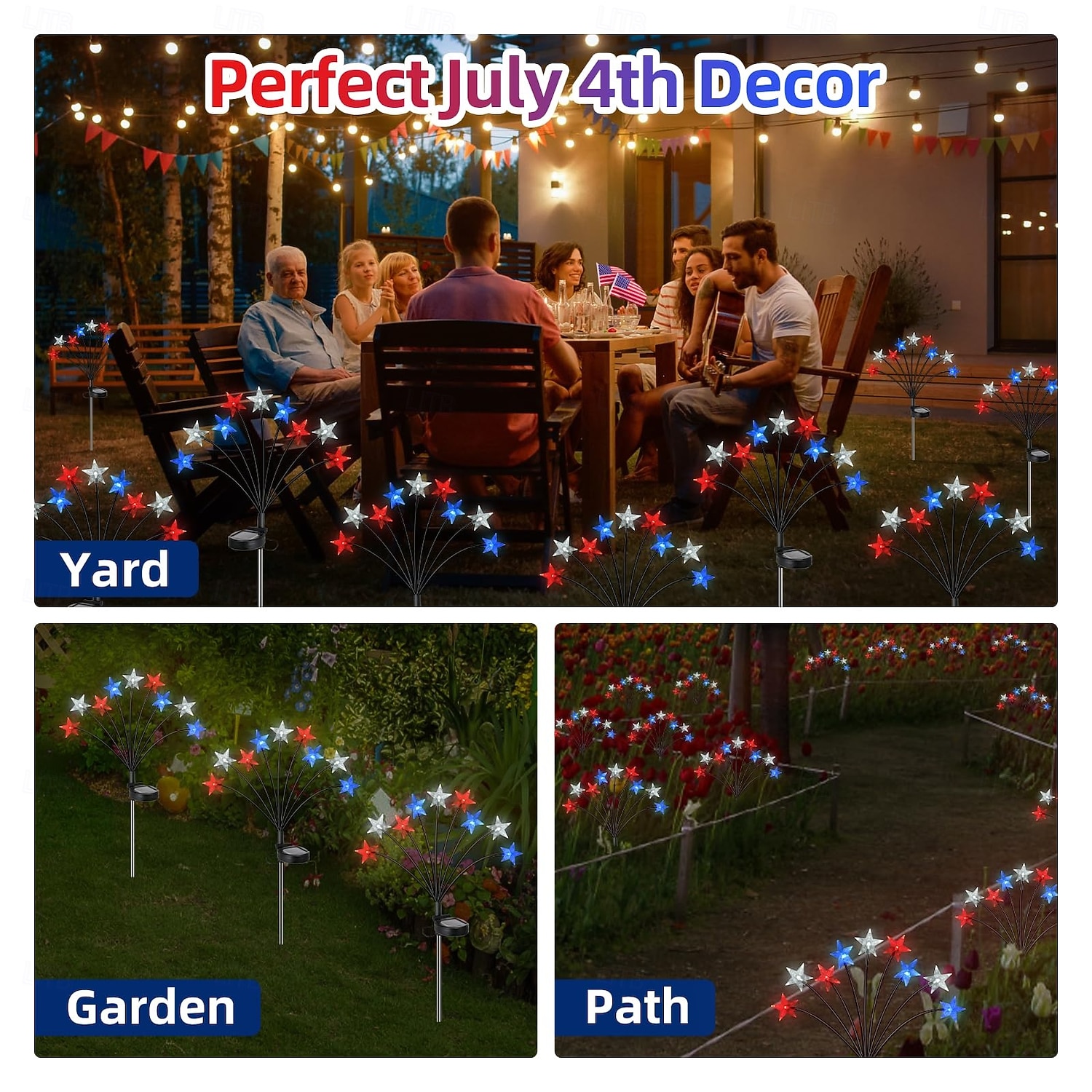 2 Pcs Patriotic  9 Heads outdoor solar waterproof red, white, blue tricolor pentagram ground mounted lights, 4th of July Independence Day 250th Anniversary Memorial Day for decoration lights 2026 - $23.99 –P7