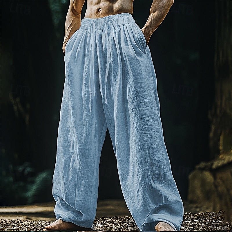 Men's Linen Pants Trousers Summer Pants Beach Pants Pocket Drawstring Elastic Waist Plain Comfort Breathable Vacation Daily Holiday Hawaiian Boho Black White 2025 - $20.99 –P5