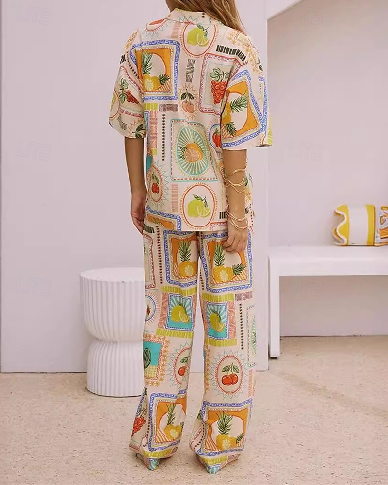 Per donna Moda Streetwear Camicie di cotone e lino Set di biancheria in cotone Set di Pantaloni Manica Corta Colletto a Camicia Frutta Stampato Abbigliamento quotidiano Data Cachi Estate Vestibilit del 2025 a $43.99 –P4