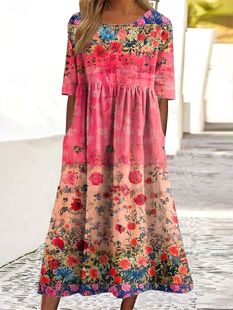 Per donna Abito Midi Abito Estivo Abito Pieghettato Vacanza Casual Ferie Vestibilità comoda Floreale Grafico Manica Corta Girocollo Rosso Verde Estate del 2025 a $31.99 –P1