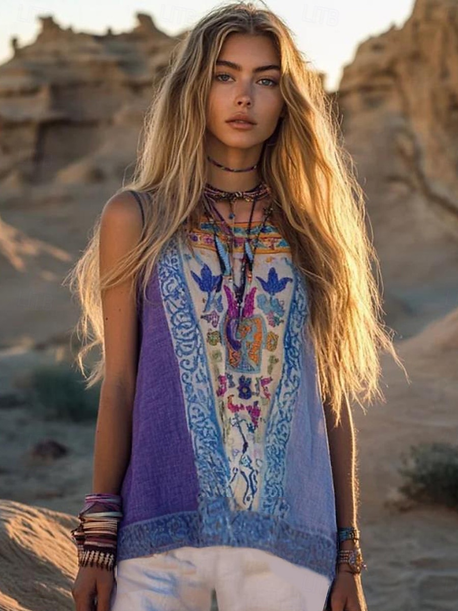 Women's Camisole Tank Top Linen Like Breathable Lightweight Floral Graphic Bohemia Daily Retro Vintage Sleeveless Crew Neck Regular Tops Vacation Wear Purple Summer Spring 2026 - $22.99 –P2