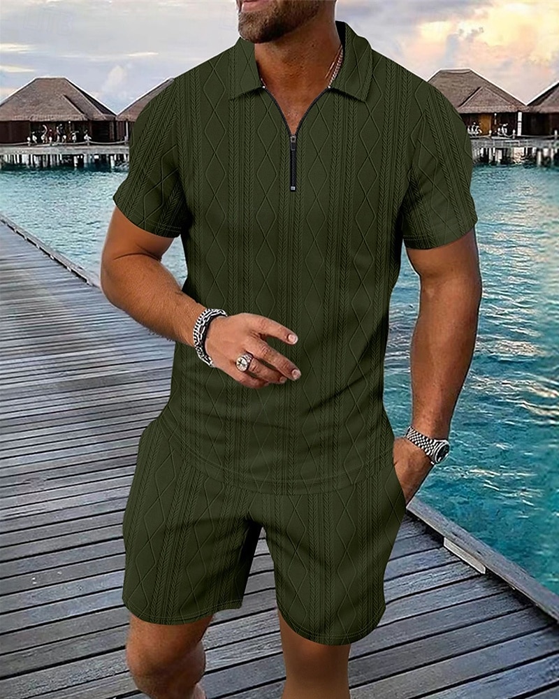 Men's Quarter Zip Polo Golf Shirt Daily Holiday Lapel Short Sleeve Fashion Basic Plain 2 Piece Jacquard Summer Regular Fit Black White Blue Khaki Army Green Gray Quarter Zip Polo 2025 - $32.99 –P4