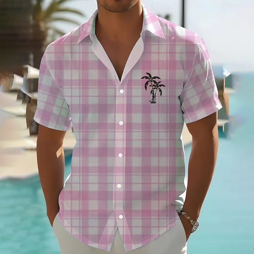 Homens Coqueiro Xadrez Quadrados Plantas Tropicais Camisa Social Camisa havaiana camisa de botão Manga Curta Havaiana Férias Feriado Roupa de Praia Verão Primavera Aberto para a Lateral Impressão 3D de 2026 por $25.99 –P2