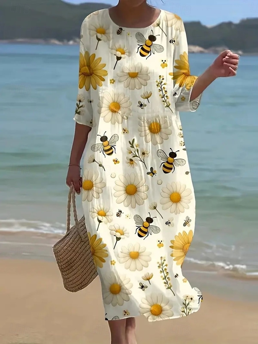 Pentru femei Rochie Maxi Rochie de schimb Vacanță Casual Boho În aer liber Ieșire Potrivire Largă Floral Lungime Manșon 3/4 Crewneck Galben Vară 2025 - $27.99 –P1
