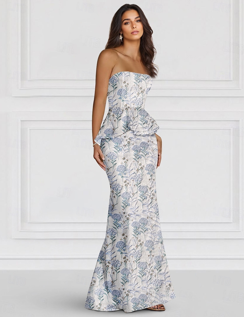 Sukienka kwiatowa z żakardu sukienka peplum sukienka wieczorowa w kształcie syreny  trąby Elegancka sukienka formalna weselna na długość podłogi bez ramiączek z falbankami 2025 - $145.99 –P1