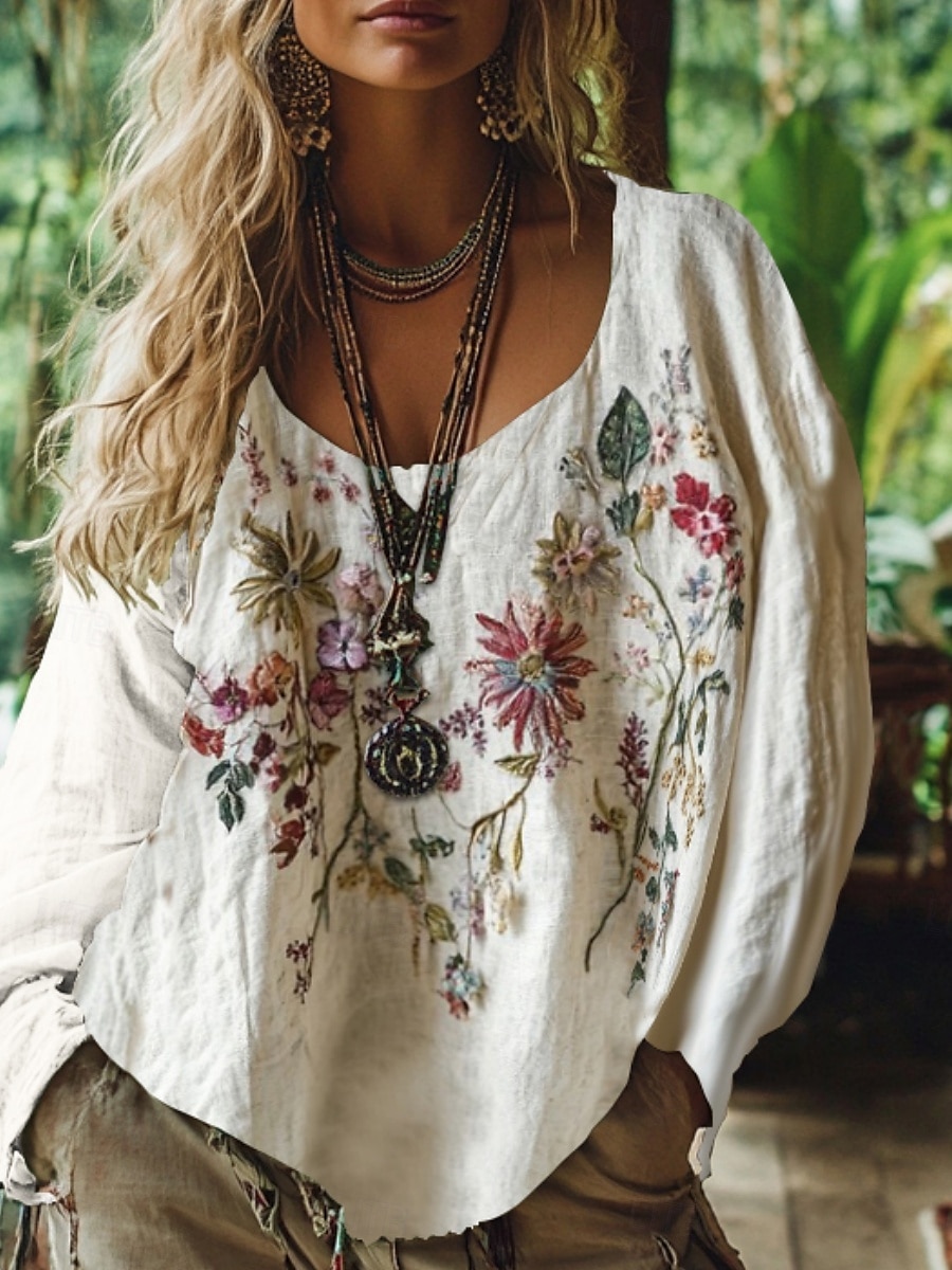 damebluse vestlig bohemsk skjortebluse blomst moderne avslappet langermet v-hals vanlig topper daglig ferie ute trykk hvit rosa blå lilla grønn sommer høst 2025 - $19.99 –P3