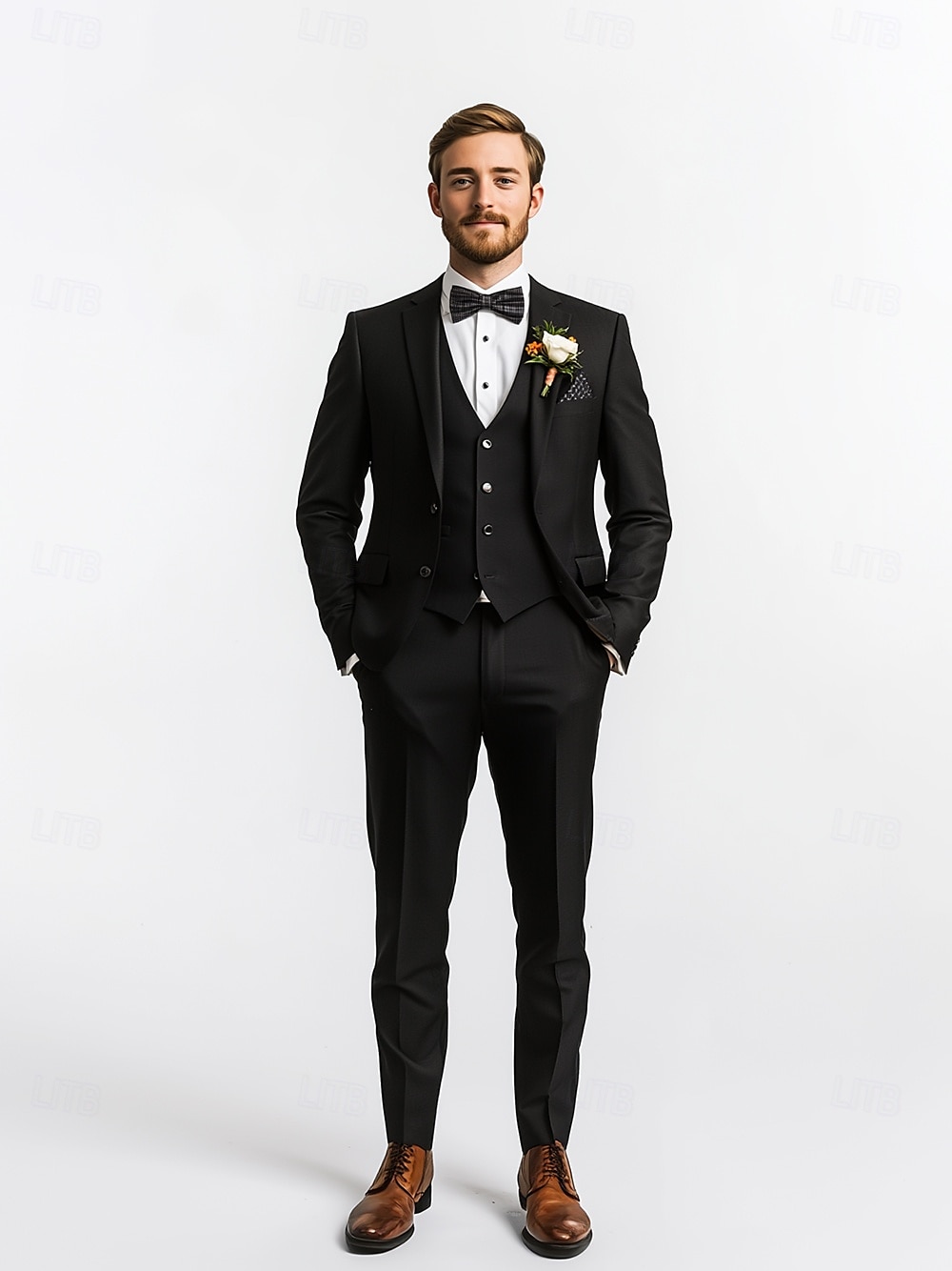 herrebryllupsdresser med svart slips sommer mote formell ensfarget standard passform 3-delt enkeltspent to-knapps dress 2025 - $122.99 –P1