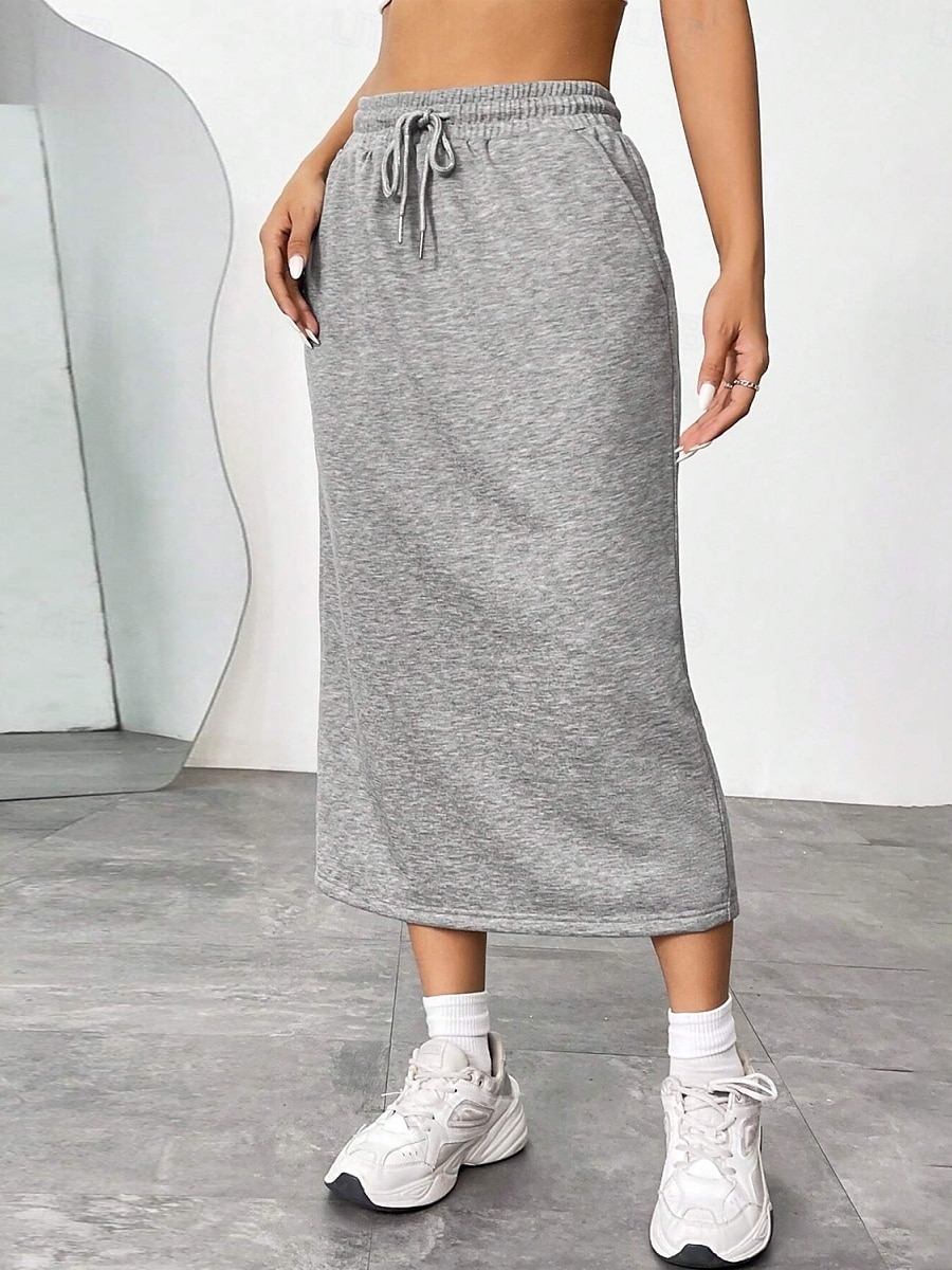 Ženská sukně jednobarevná módní casual maxi sukně s vysokým pasem jednoduše kapsa elastická street denní černá šedá léto polyester 2025 - $17.99 –P2