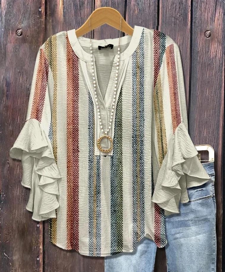 Damenbluse V-Ausschnitt Grafik Geometrisch Bohemia Vintage Täglich 3/4 Länge Ärmel Regelmäßige Oberteile Täglicher Urlaub Ferien Kleidung Druck Schwarz Weiß Gelb Grün Khaki Sommer Frühling Herbst 2025 - $29.99 –P3