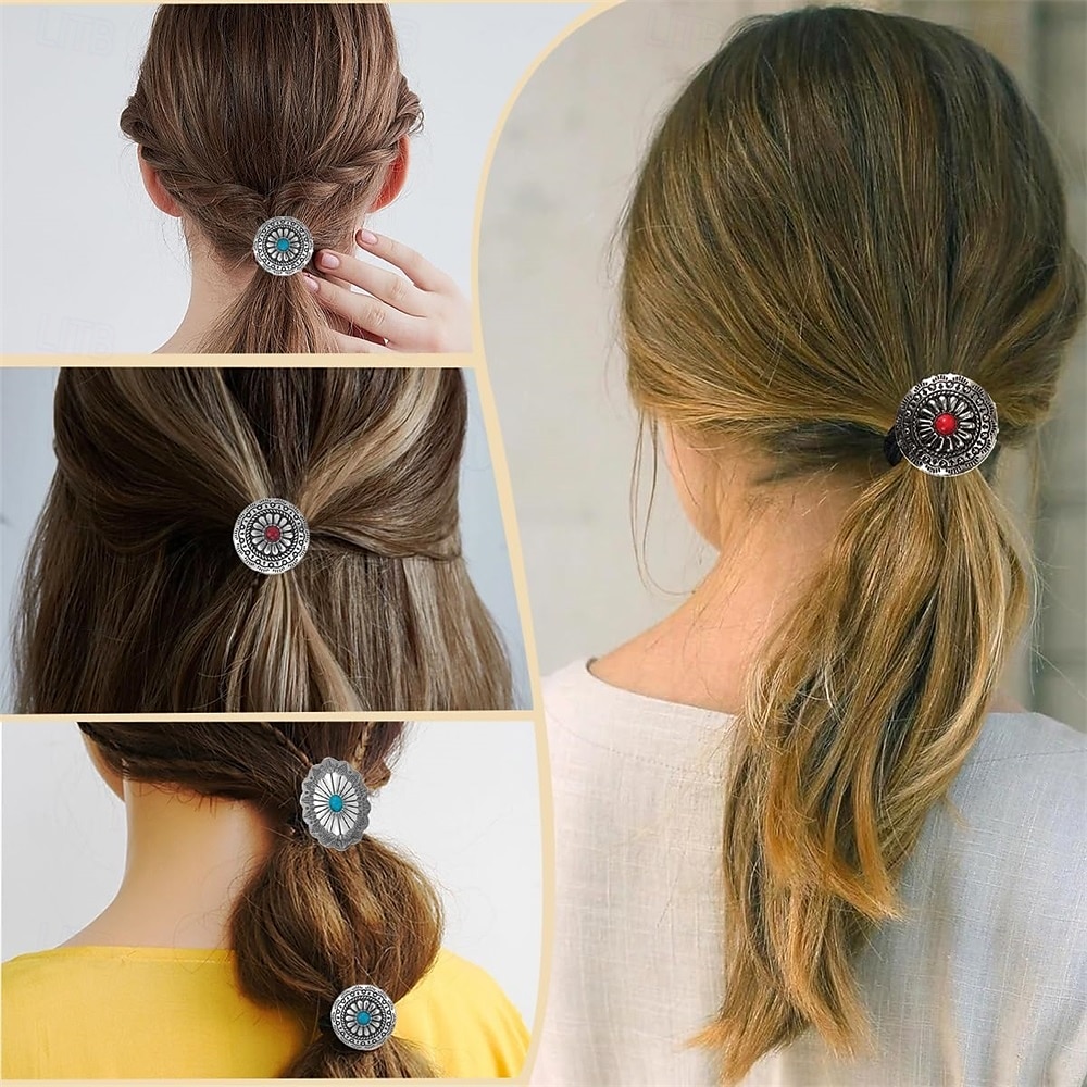 6 pezzi di elastici per capelli in metallo in stile western, elastici per capelli boho, elastici per capelli circolari a forma di fiore di zucca vintage, fasce per capelli con fiori di zucca turchese del 2025 a $12.49 –P6
