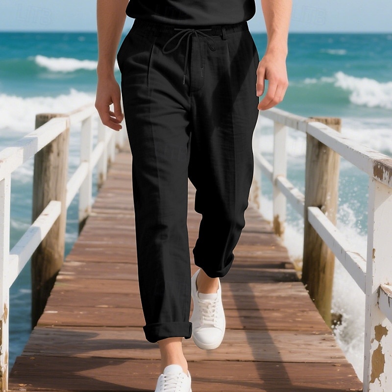 Herr Linne Byxor Långbyxor Sommarbyxor Strandbyxor Ficka Snörning Elastisk midja Slät Komfort Andningsfunktion Semester Dagligen Helgdag Hawaiisk Boho Ljus kaki Svart 2025 - $22.99 –P10