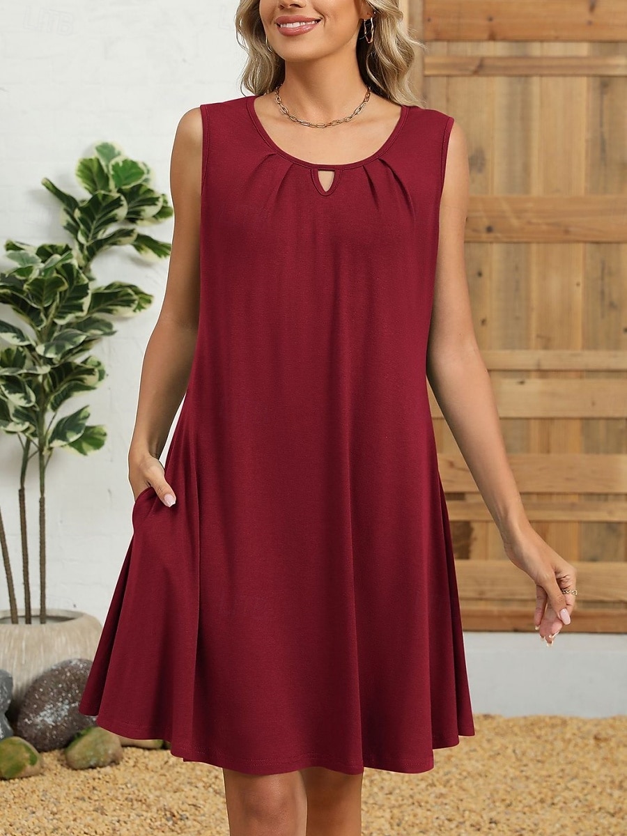 Damen Minikleid Sommerkleid Lässig Täglich Normale Passform Einfarbig Ärmellos Rundhalsausschnitt Schwarz Weiß Wein Marineblau Sommer 2025 - $21.99 –P6