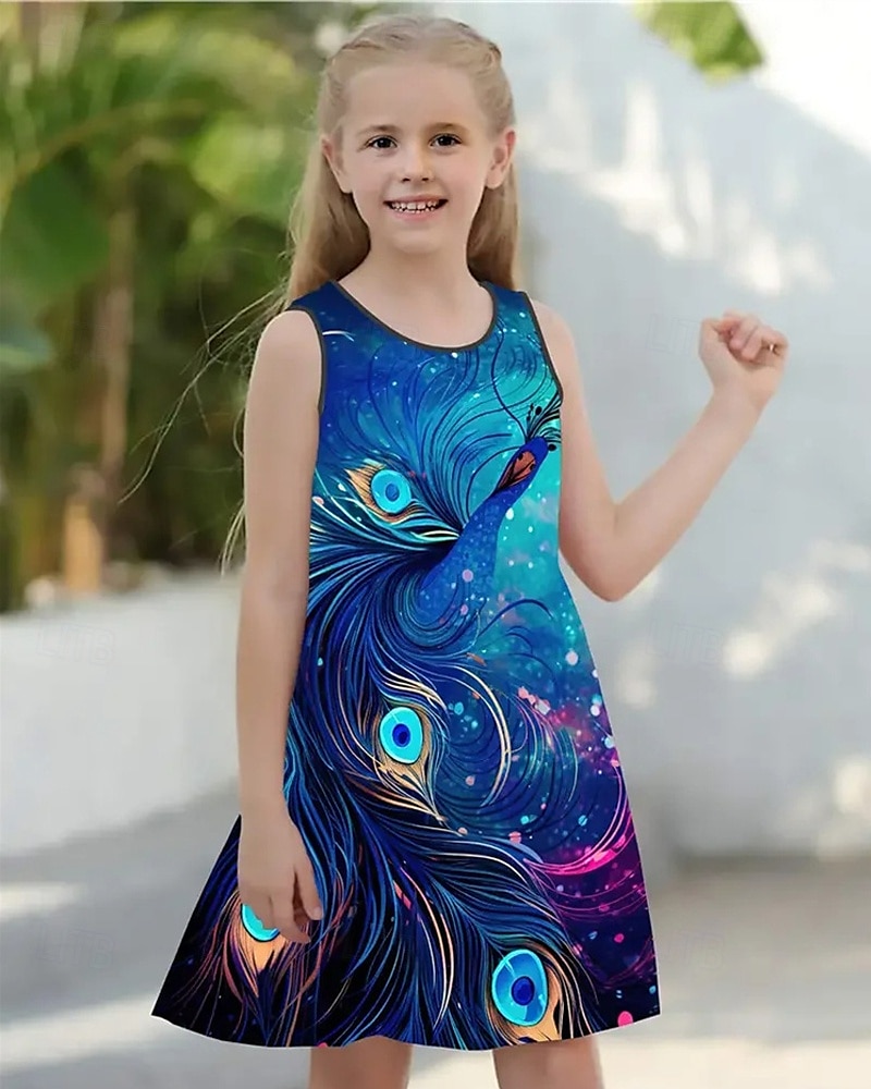 Girls' 3D Peacock Sunflower Dress Sleeveless Summer Spring Vacation Daily Holiday Princess Beautiful Sweet Kids 4-12 Years Casual Dress A Line Dress Knee-length Regular Fit 2025 - $13.99 –P1
