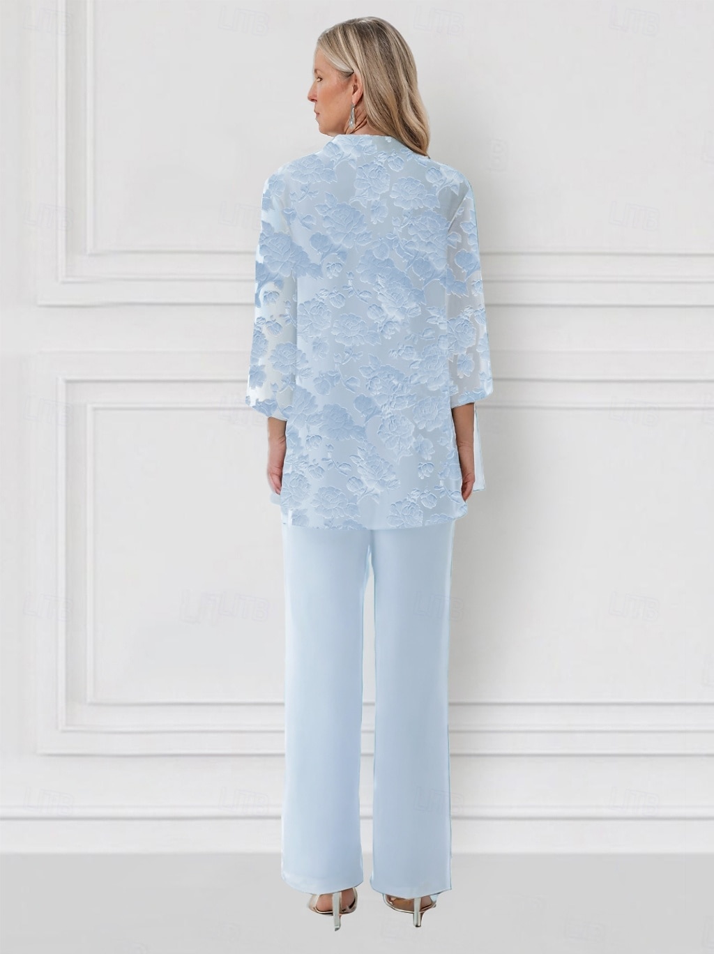 Sky Blue Burnt Out Floral Lace Jumpsuit / Pantsuit 3 Piece Mother of the Bride Pantsuit Elegant Simple Minimalist Crew Neck Floor Length Chiffon 3/4 Length Sleeve with Jacket 2025 - $136.99 –P2