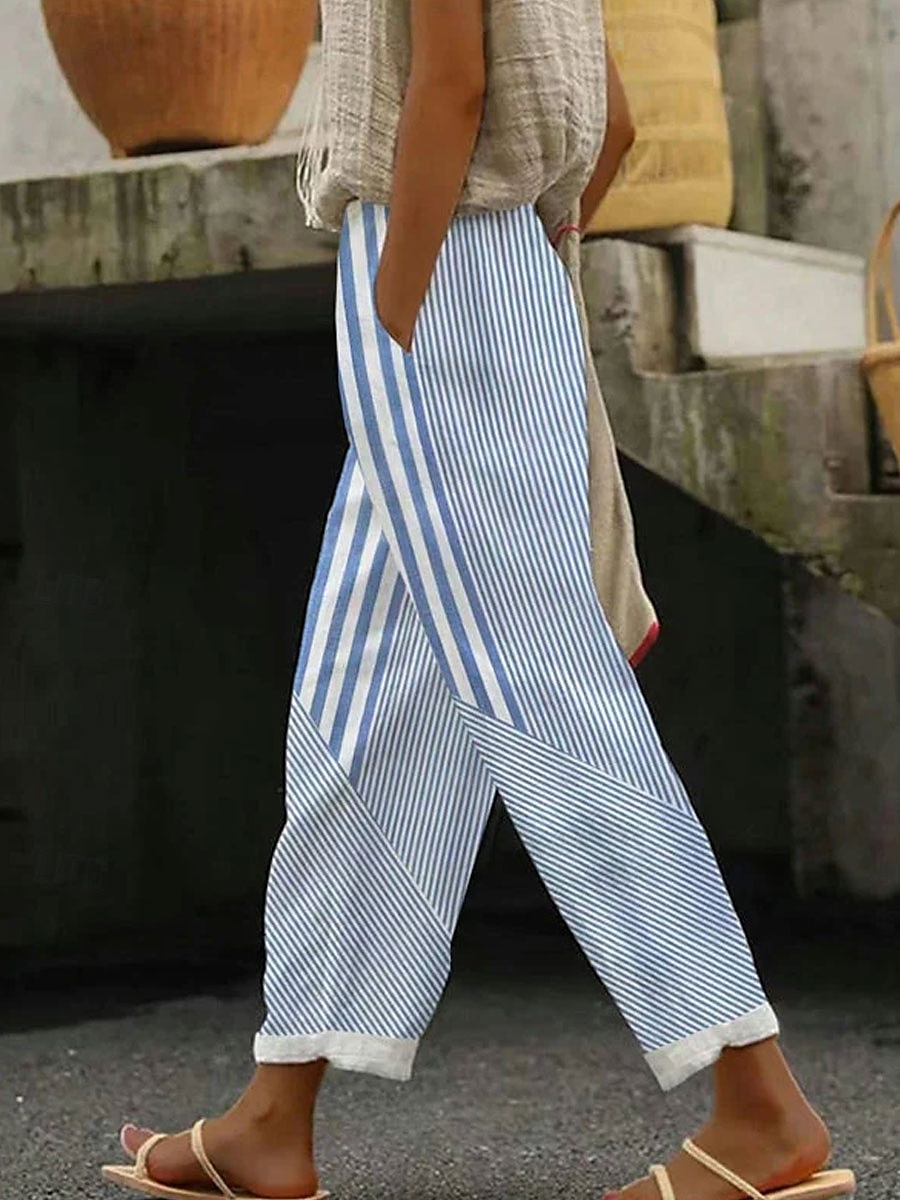 Per donna Aderente Elegante Vacanza Vintage Lunghezza intera Vita Alta Grafico A righe Stampa Traspirante Morbido Micro-elastico All'aperto Quotidiano Blu Estate Primavera Vestibilità regolare del 2025 a $32.99 –P1