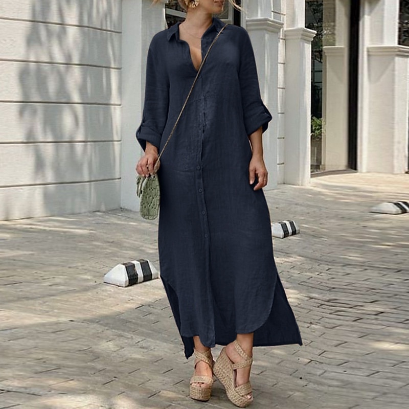 Per donna Abito Midi Abito Camicia Abito in cotone e lino Classico Moderno All'aperto Uscire Weekend Vestibilità regolare Semplice Manica Lunga Colletto a Camicia Bianco Blu marino Marrone Grigio del 2025 a $32.99 –P2