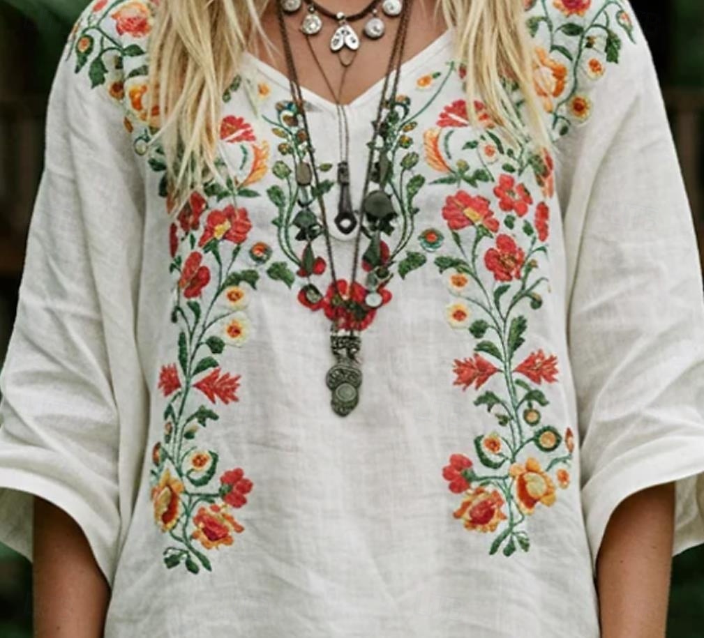 Dame Bluse Blomstret Grafisk Stilfull Fritid Langermet V-hals Vanlige topper Daglig Hvit Sommer Vår 2025 - $24.99 –P2