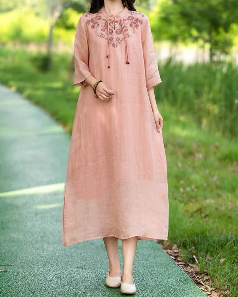 Pentru femei Rochii Midi Rochie din in bumbac Rochie florala Modă Modern Vacanță Zilnic Concediu Fit regulat Floare Manșon Jumate Guler de stand Roz Îmbujorat Albastru piscină Trifoi Caisă Vară 2025 - $28.99 –P14