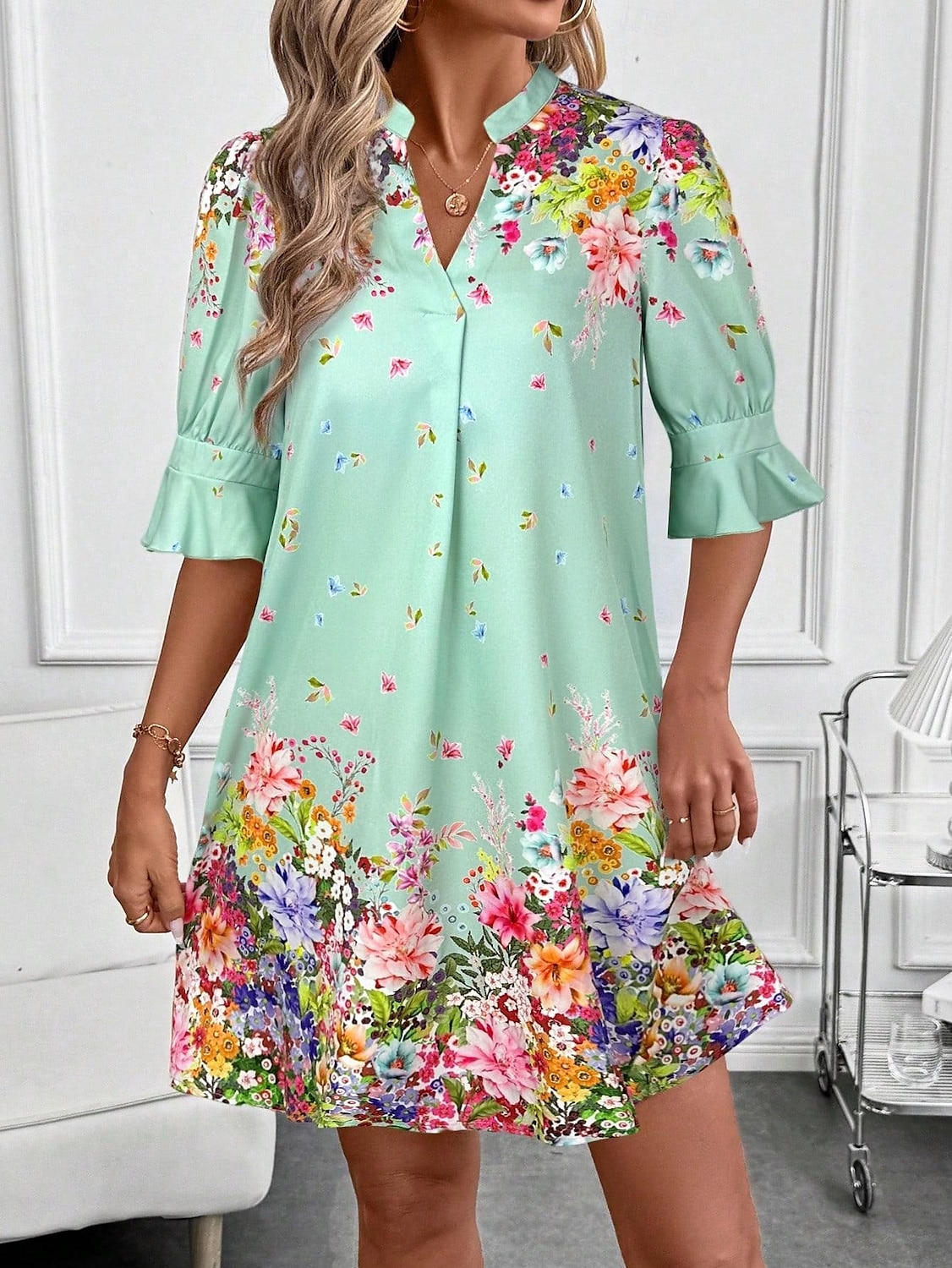 Per donna Mini Abito Abito a trapezio Vacanza Casual Boho All'aperto Uscire Spiaggia Vestibilità standard Floreale Grafico Manica Corta Scollo a V Bianco Rosa Blu Verde Estate Primavera del 2025 a $29.99 –P5