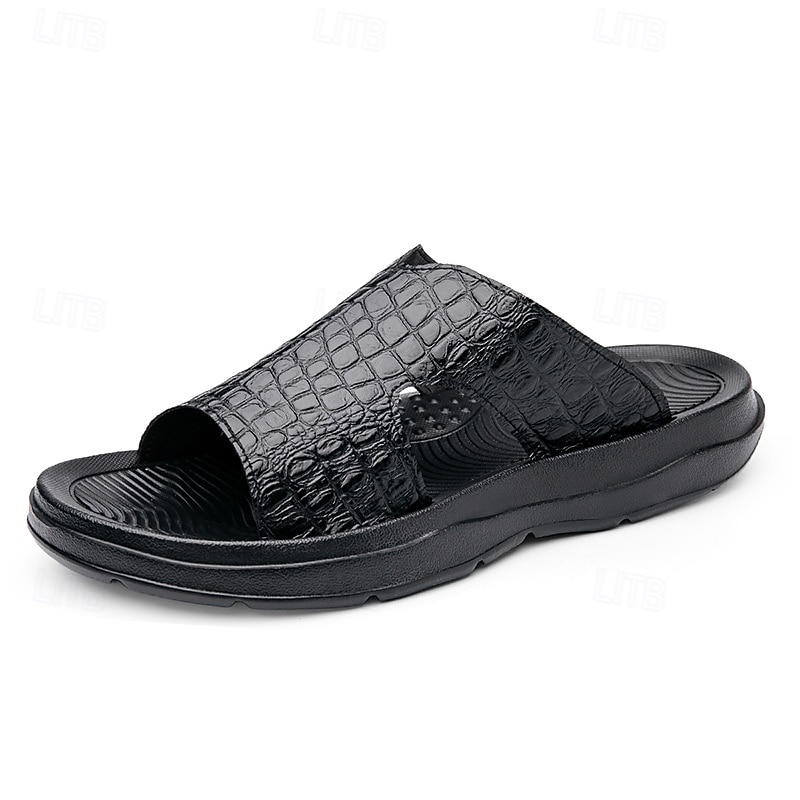 Men's Copper Faux Leather Slide Sandals with Embossed Crocodile Pattern and Black Cushioned Sole – Stylish Slip-On Sandals for Indoor Lounge, Poolside Relaxation, or Resort Wear 2025 - $34.99 –P7