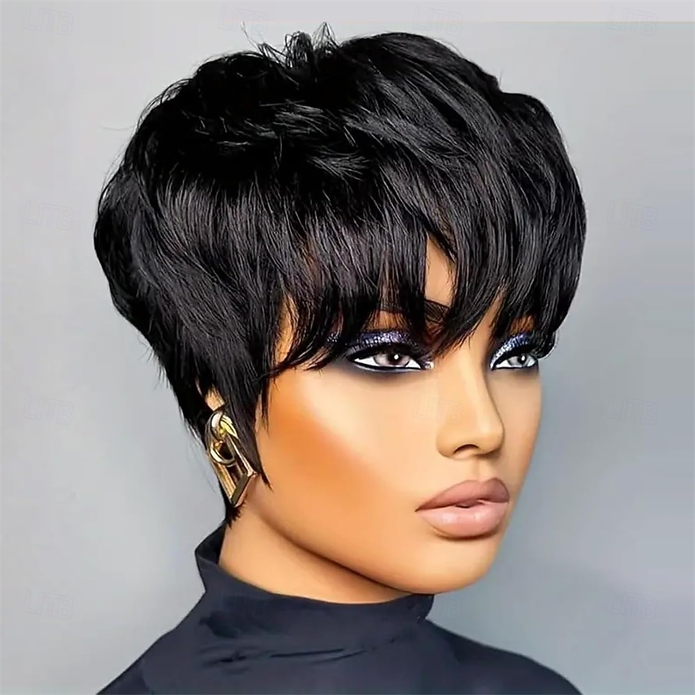 Peluca sintética de corte pixie, de capas cortas, para mujeres negras, sin pegamento, estilo bob, recta y corta, color negro. 2025 - $24.99 –P3