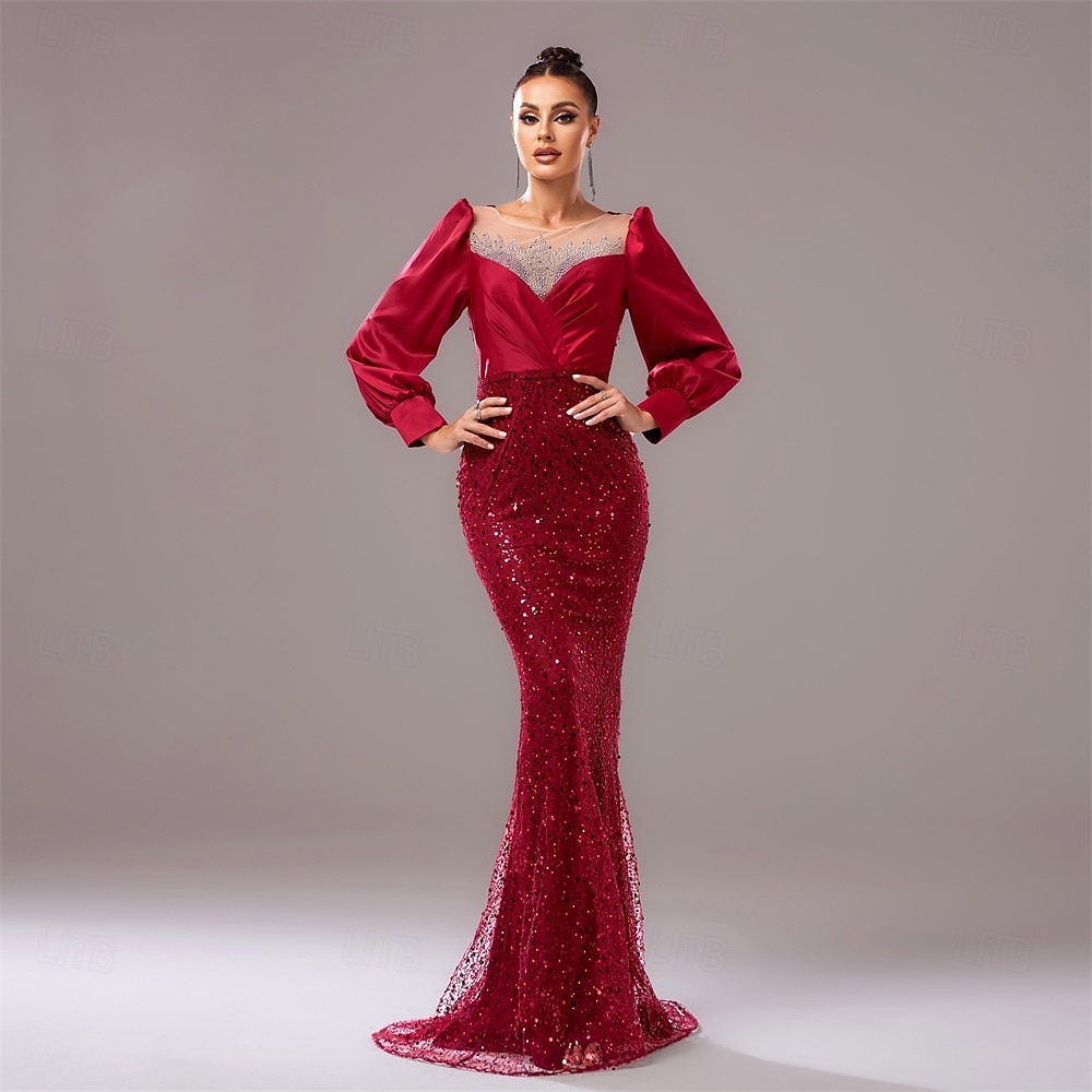 Robe de soirée noire cravate noire robe élégante mariage invité longueur au sol manches longues col rond sequins avec plis de 2025 ? $135.99 –P1