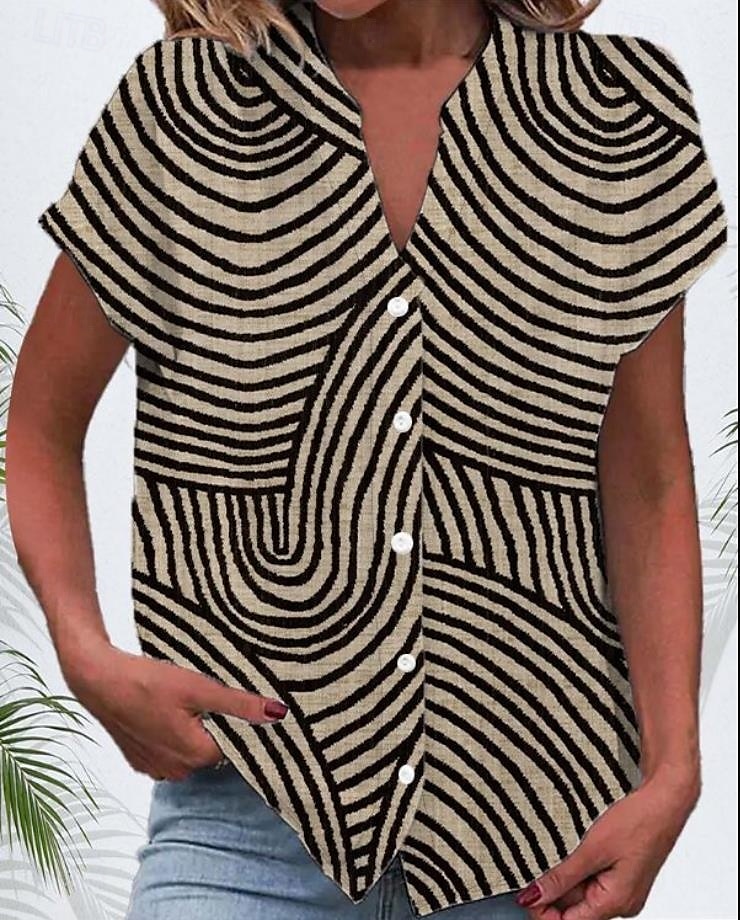 Blouse Femme Col V Boutonnée Blouse Graphique Rayée Vintage Quotidienne Stylée Manches Courtes Col Notched Tops Réguliers Quotidien Imprimé Boutons Bleu Marron Été Printemps de 2025 ? $29.99 –P2