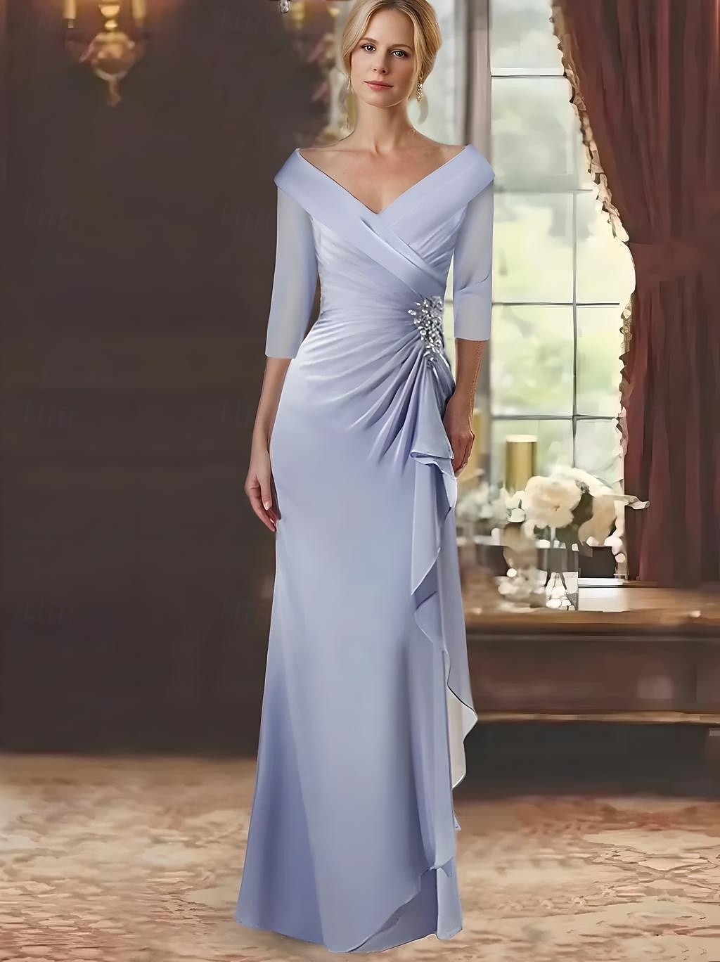 A-vonalú Anyának a Menyasszonyhoz Ruha Elegáns V Nyakú Padló Hossza Chiffon Csipke Hosszú Ujjú Leomló Rózsákkal 2025 - $139.99 –P1