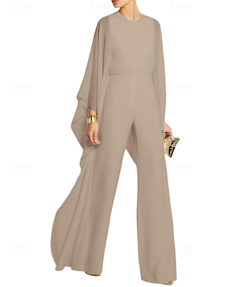 Combinaison cape  pantalon Robe mère de la mariée Élégante Simple Minimaliste Col rond Longueur de sol Chiffon Manches 3/4 avec fronces de 2025 ? $139.99 –P1