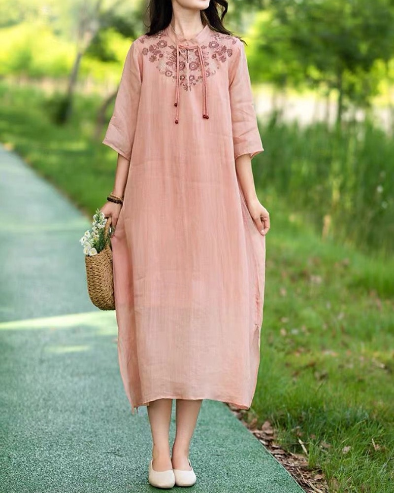 Pentru femei Rochii Midi Rochie din in bumbac Rochie florala Modă Modern Vacanță Zilnic Concediu Fit regulat Floare Manșon Jumate Guler de stand Roz Îmbujorat Albastru piscină Trifoi Caisă Vară 2025 - $28.99 –P16