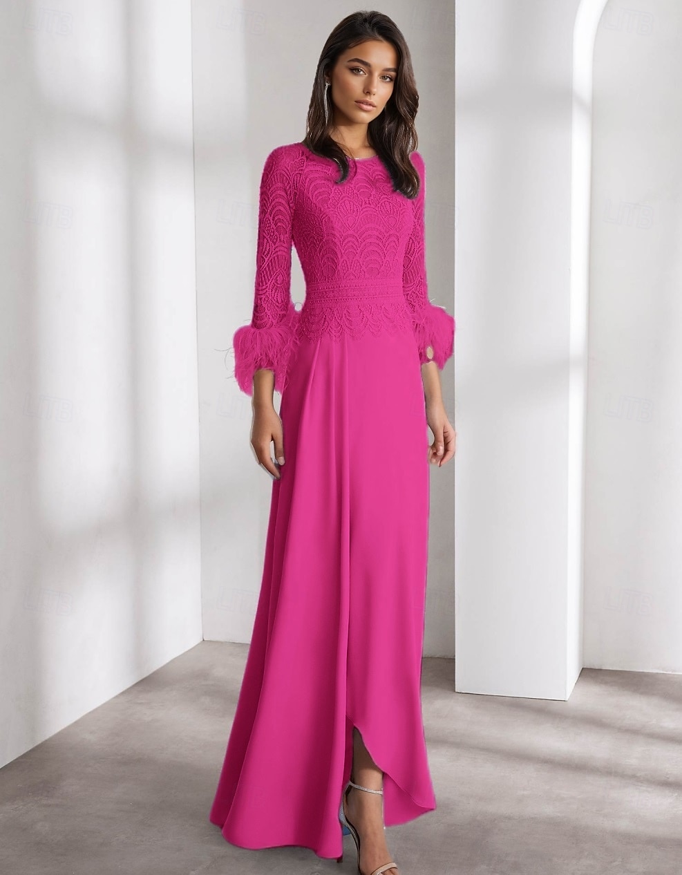 Modré A-line večerní šaty Elegantní Šaty Formální Svatební Délka Podlahy Dlouhý Rukáv Posádka Krk Chiffon s Peřím 2025 - $153.99 –P5