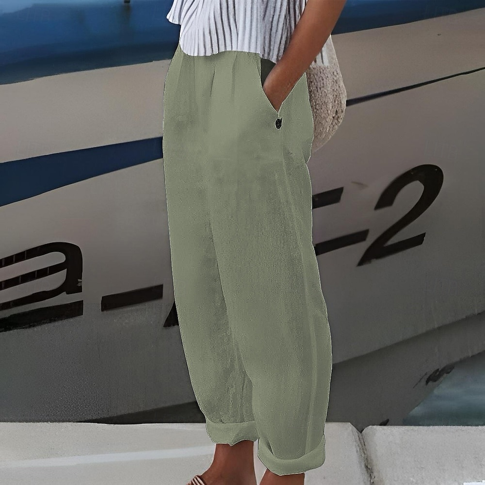 Dame Store størrelser Shorts i bomullslin Lin-inspirerte bukser Fôret shorts Enkel Fritid Komfort Lang Naturlig Ren farge Mikroelastisk Hjem Gate Hvit Blå Grønn Kakifarget Sommer Vår 2025 - $6.99 –P8