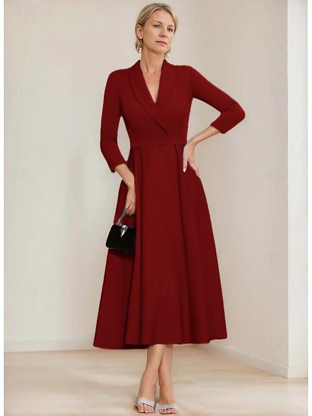 vestido blazer linha a mãe da noiva vestido crepe elegante simples lapela decote comprimento chá cetim manga 3/4 com cor sólida 2025 de 2025 por $169.99 –P16